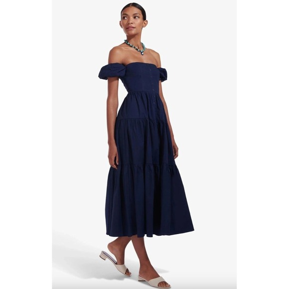 NWT Staud Elio Off The Shoulder Tiered Cotton Poplin Midi Dress Cottagecore 12 - Picture 1 of 5